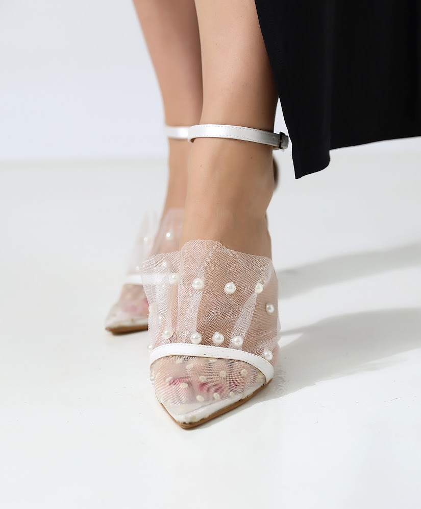 Tüllü Beyaz Topuklu Ayakkabı